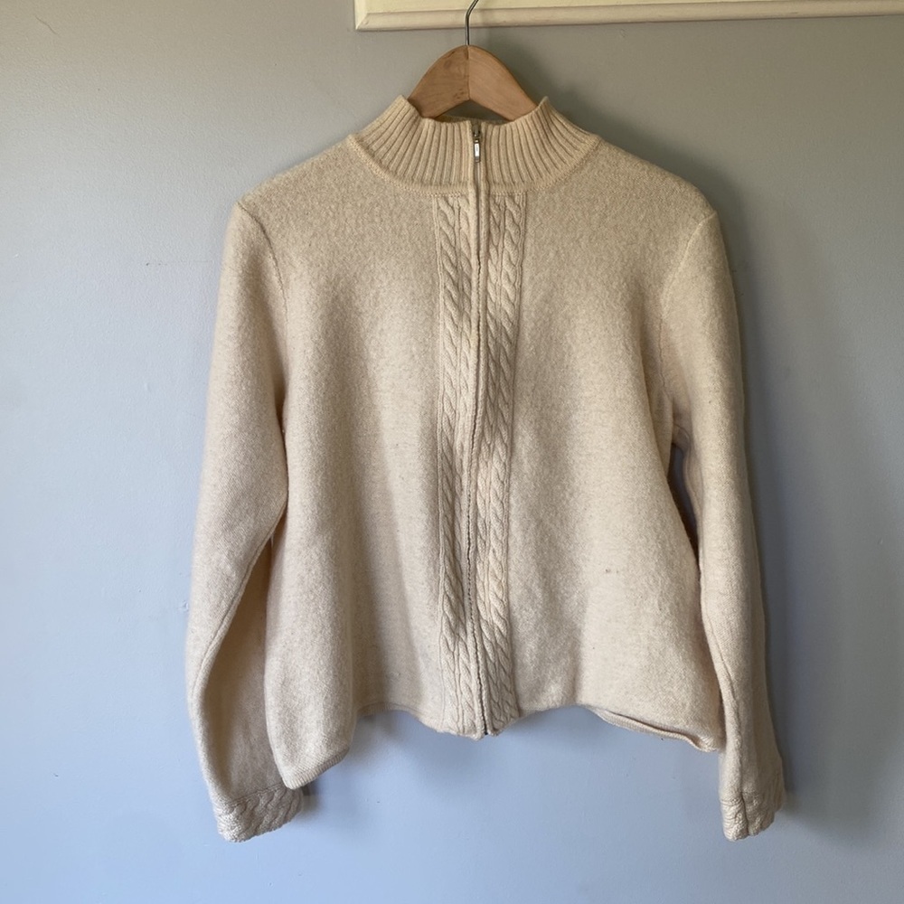 Karen Scott wool full zip cream neutral sweater